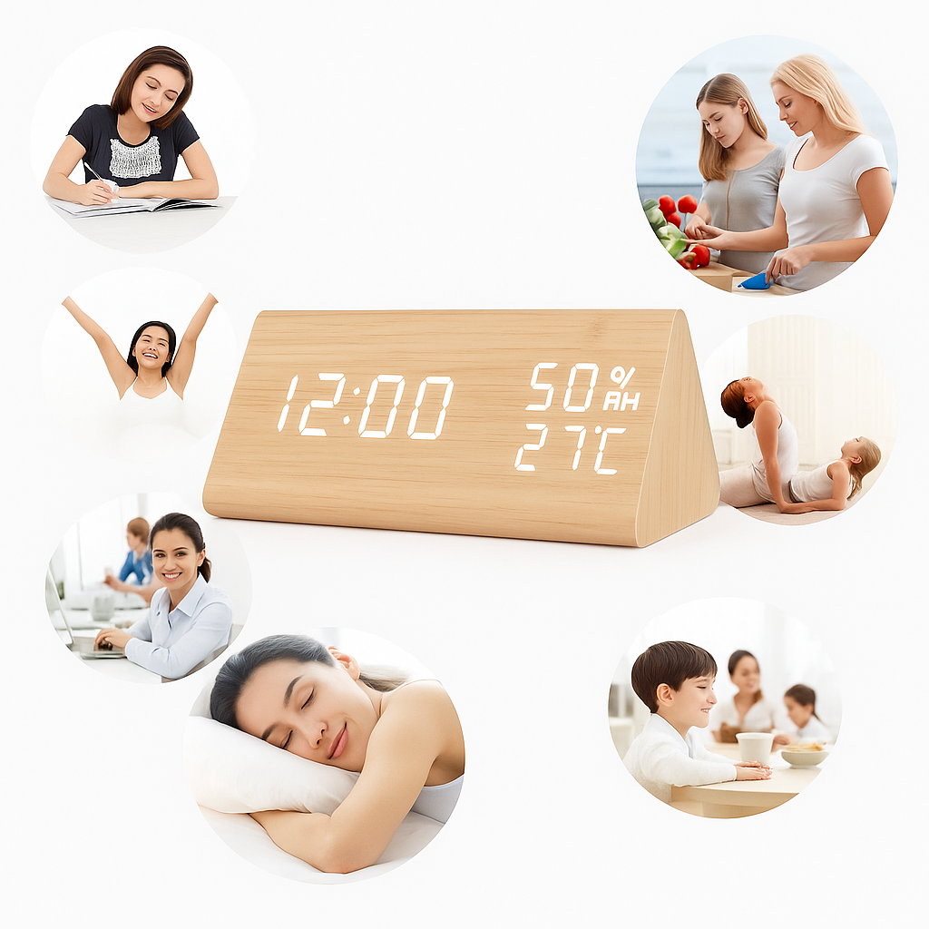 EchoWood Reloj LED de Madera con Control por Voz
