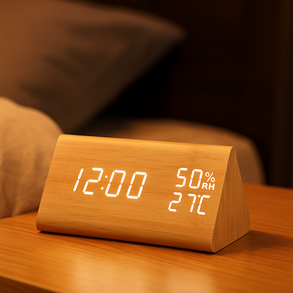 EchoWood Reloj LED de Madera con Control por Voz