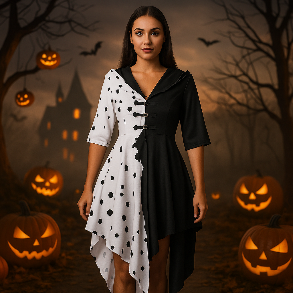 Vestido Halloween Mujer Dálmata Asimétrico con Capucha