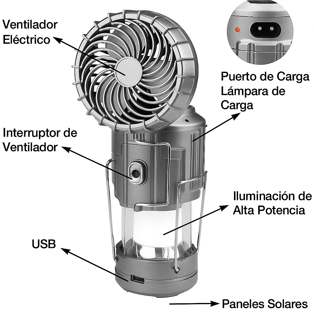 Ventilador Solar Camping 3 en 1 con Luz y Powerbank