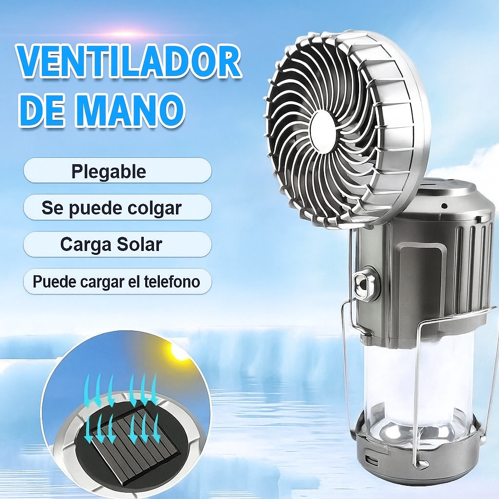 Ventilador Solar Camping 3 en 1 con Luz y Powerbank