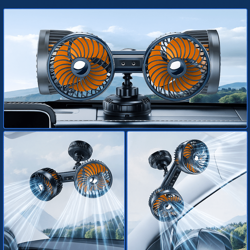 Ventilador Automóvil Doble Cabeza con Ventosa y Batería - VyFlair