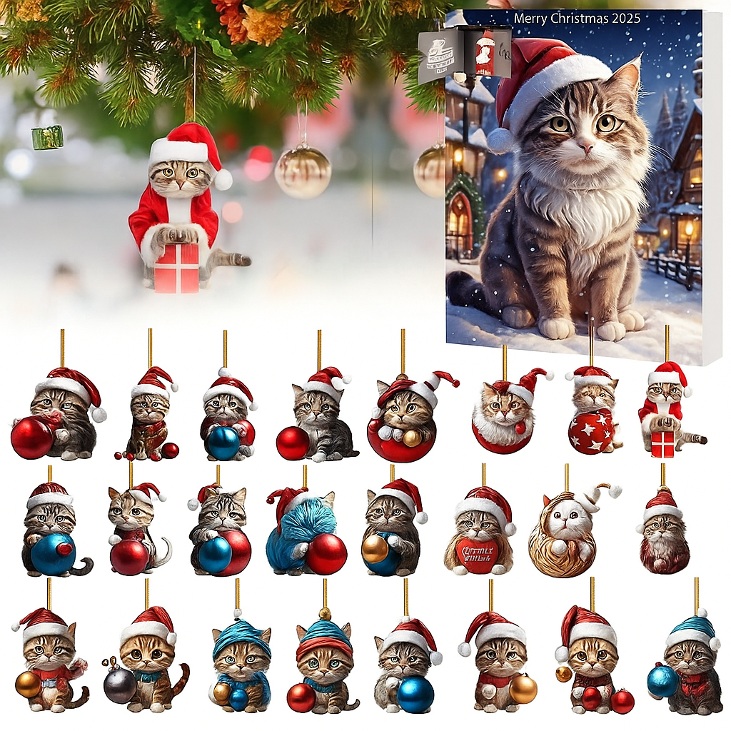 Calendario dell'Avvento Gatti 2025 – Vintage con 24 Decorazioni in Acrilico Felini