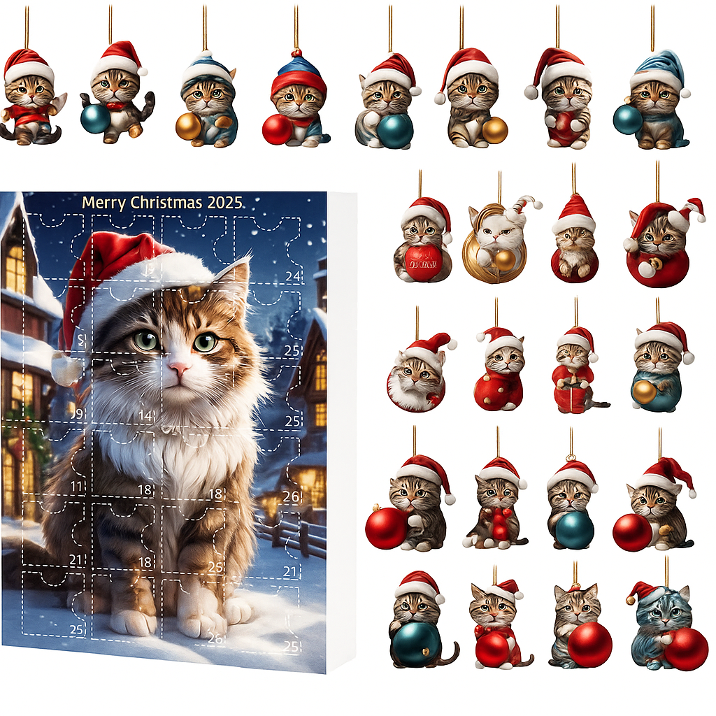 Calendario dell'Avvento Gatti Vintage 2025 – 24 Addobbi Acrilici Felini per un Natale Incantevole