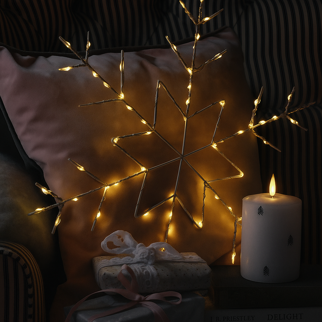 Decoración Navideña Copo de Nieve LED – Colgante Luminoso Blanco Cálido 50 cm