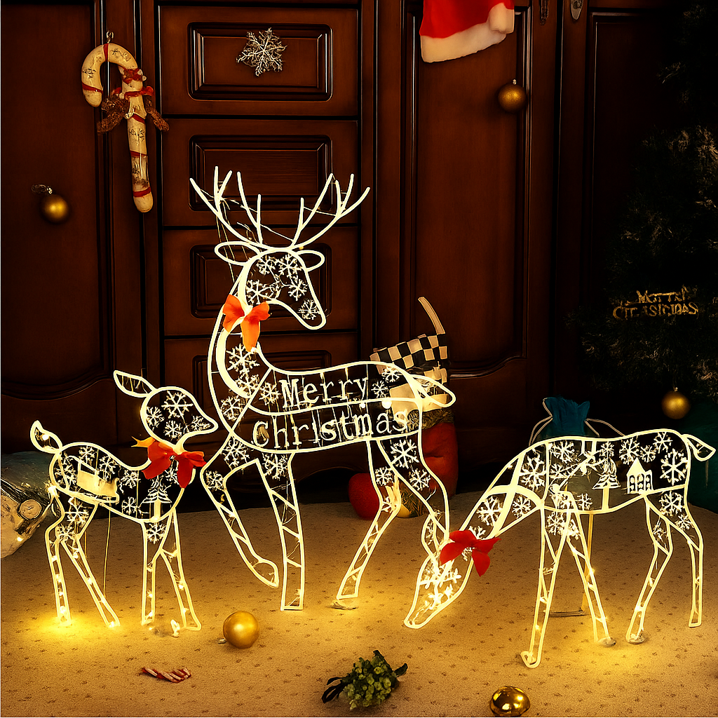 Decoración Navideña Renos y Trineo LED – Exhibición Festiva Iluminada Exterior