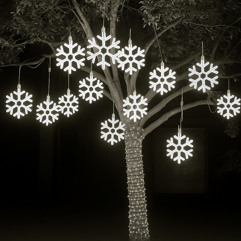 Luces LED Copos de Nieve Impermeables – Decoración Navideña Exterior Brillante y Eficiente