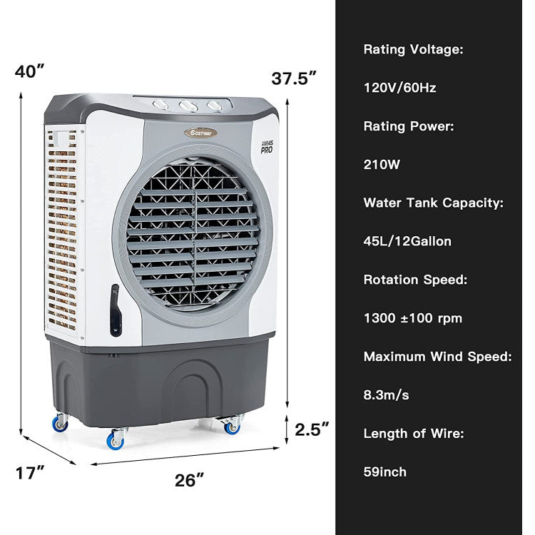 Enfriador Evaporativo Industrial - Ventilador 4 en 1 - Tanque 12 Galones - Ruedas Fácil Rodaje