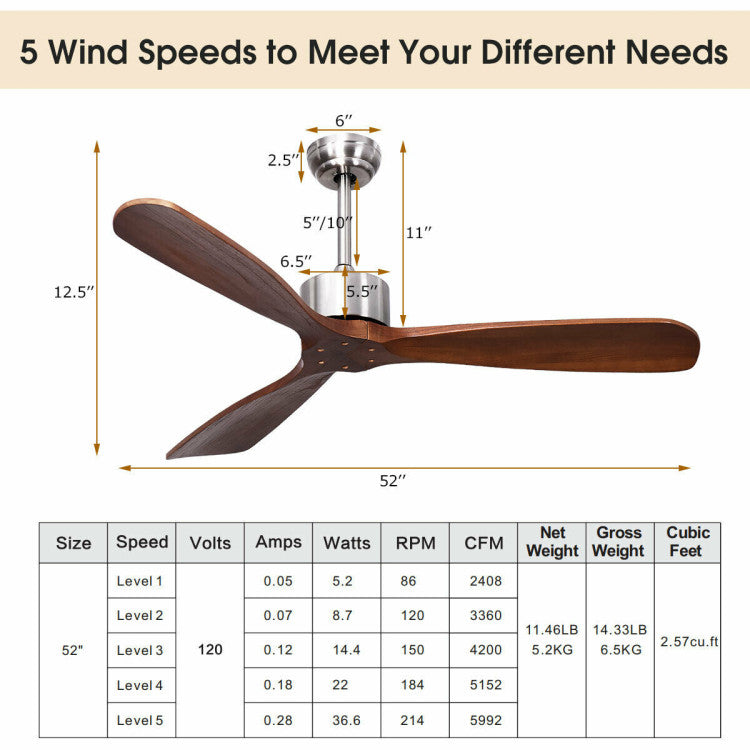 Ventilador de Techo 52" Níquel Cepillado - Control Remoto - Diseño Contemporáneo