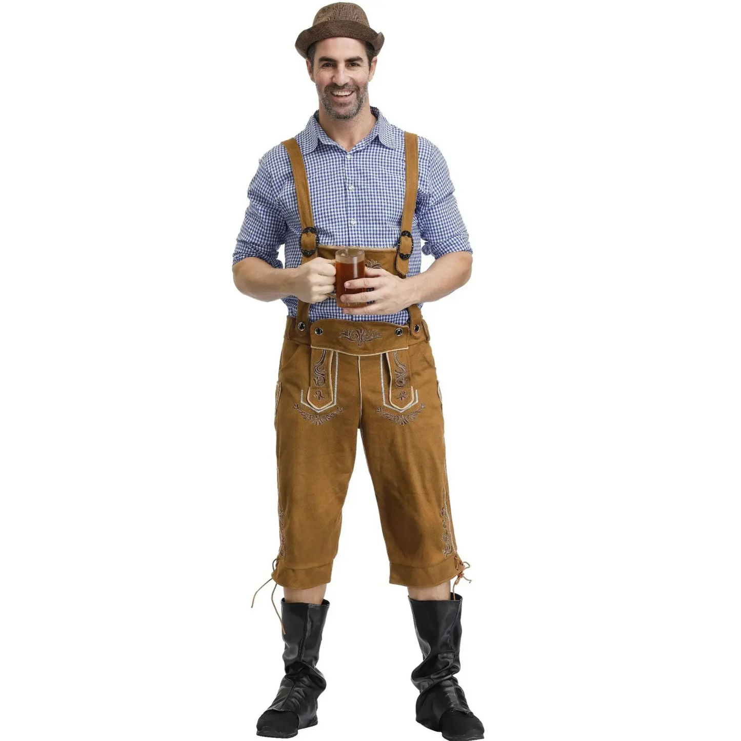 Pantalones Lederhosen para Hombre - Cuero de Alta Calidad - Tirantes y Camisa - Atuendo Tradicional para Fiestas