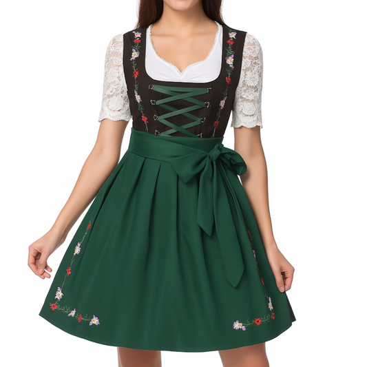 Vestido Dirndl para Mujeres - Tejido Ligero - Verde y Negro - Listo para Oktoberfest