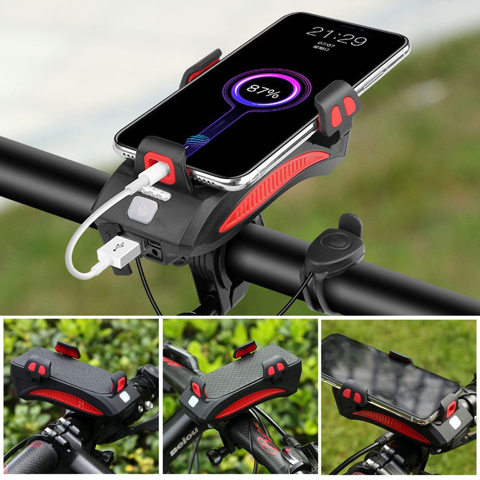 Luces de Bicicleta Recargables 4 en 1 - Powerbank - Soporte Teléfono - Claxon Electrónico
