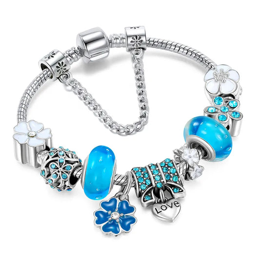 Pulsera Charms Plata Esterlina - Diseño Floral - Regalo Elegante