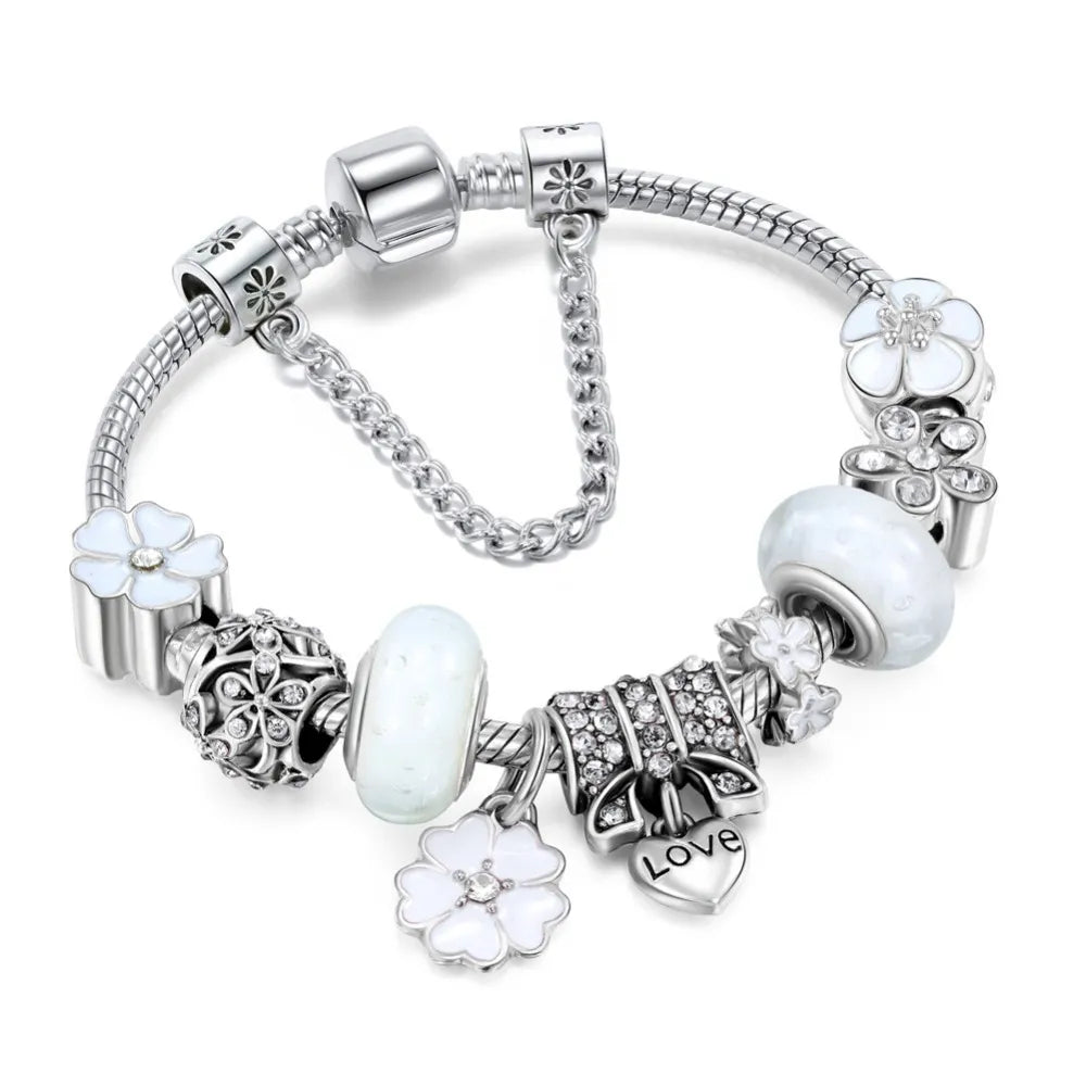 Pulsera Charms Plata Esterlina - Diseño Floral - Regalo Elegante