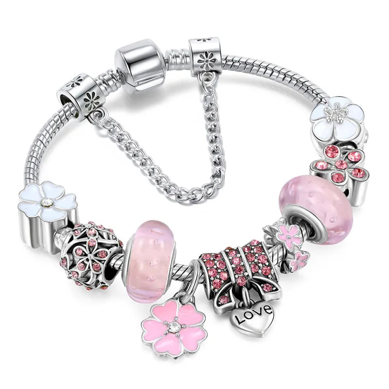 Pulsera Charms Plata Esterlina - Diseño Floral - Regalo Elegante