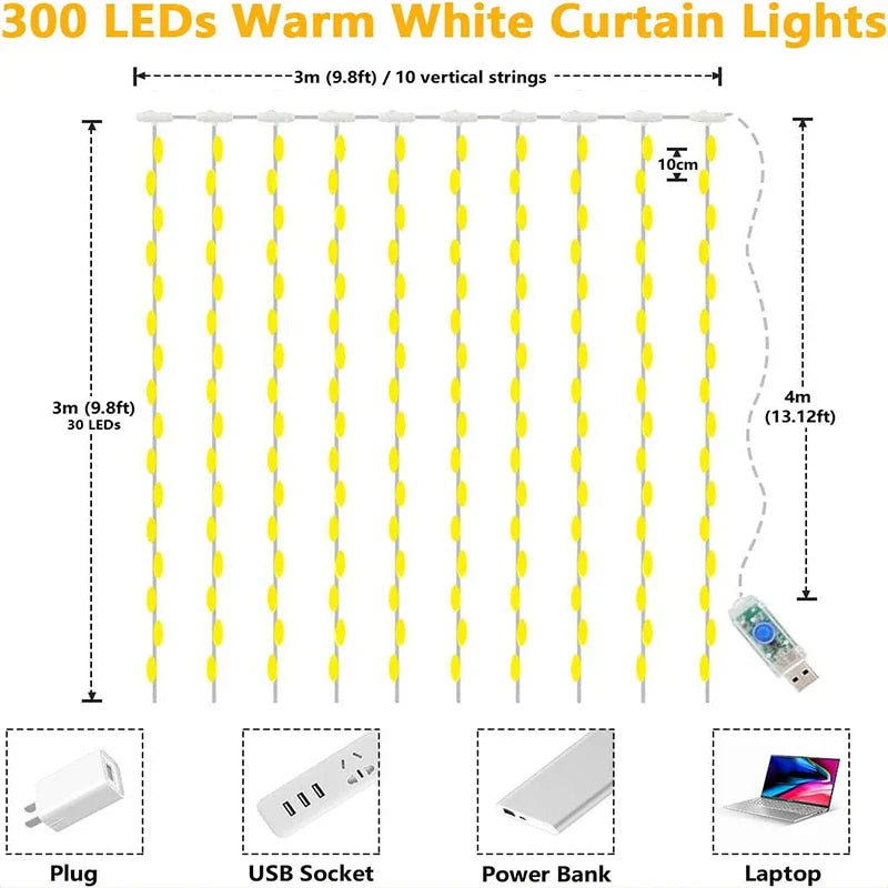 Cortina LED 3x3M – Luces Navideñas Decorativas con 8 Modos para Interior y Exterior