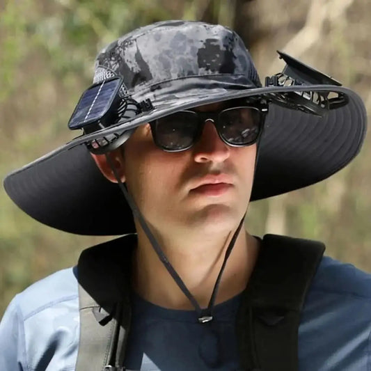 Sombrero de pesca de ventilador solar: carga solar y USB-Fishing Hat-VyFlair