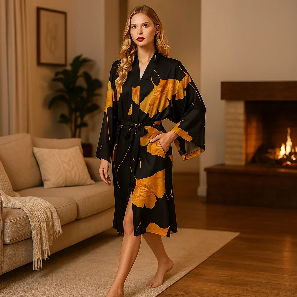 Bata Elegante VelvetAura – Acentos Dorados Relajantes