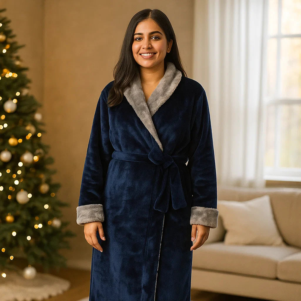 VeluSoft Bata de Fleece Elegante - Acabado Contraste Lujoso - Relax