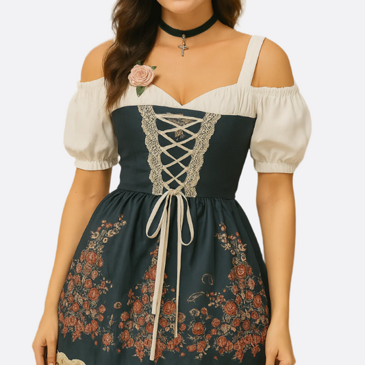 Vestido Dirndl para Damas - Material Cómodo - Estampado Floral - Moda Trachten de Oktoberfest