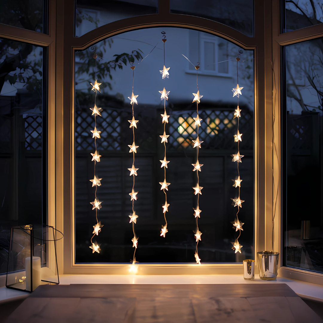 Luces de Cortina Estrella LED – Decoración Navideña Interior con Brillo Cálido y Elegante