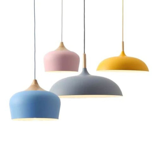 Pendant lights made of metal and wood in delicate pastel shades